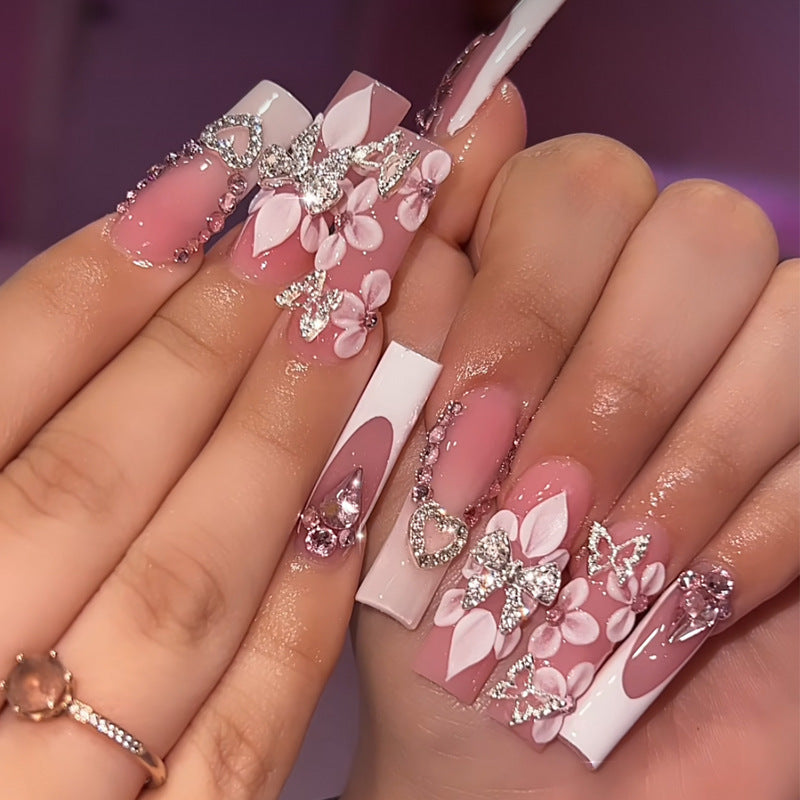 4 Boxes 96pcs European and American Press-on Nails Gorgeous Sweet Cool Flashy Broken Glitter Flowers Gren Butterfly Water Pipe Long Fake Nails Combination Set Suitable for Girs and Women Gifts